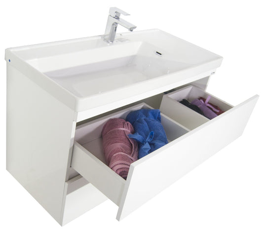 Mobilier Baie MDF și lavoar, Seria 286, Suspendat, Sertare, 100cm, Alb