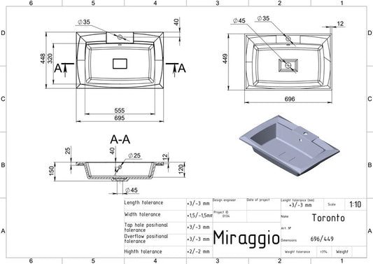 Lavoar încastrat Toronto, Miraggio alb mat