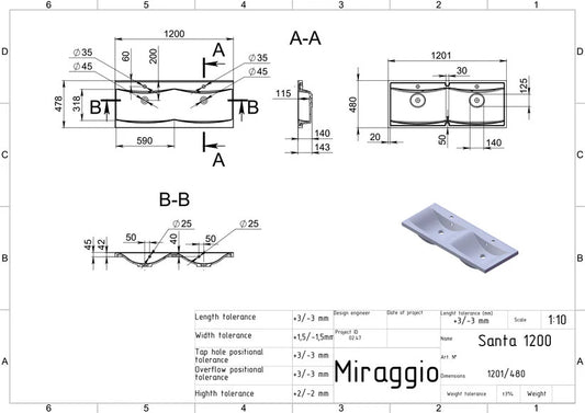 Lavoar pe blat Santa 1200, Miraggio alb lucios