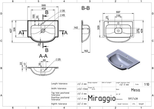 Lavoar pe blat Mesa, Miraggio alb mat