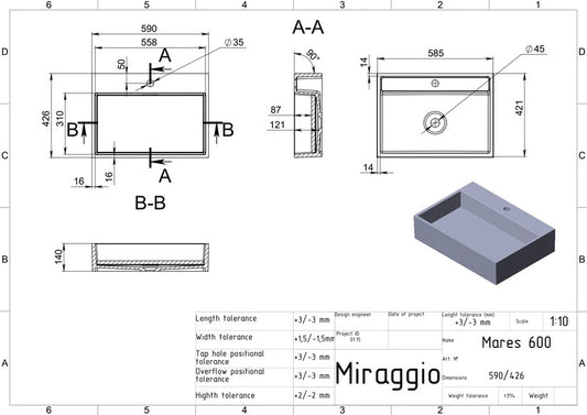 Lavoar pe blat Mares 600, Miraggio alb mat