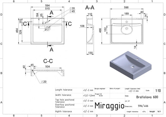 Lavoar Bratislava 600 pentru blat alb lucios