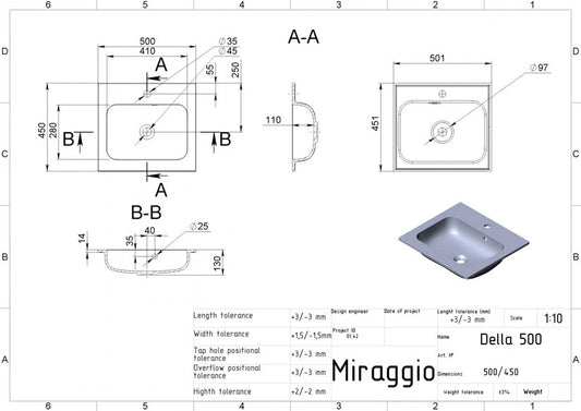 Lavoar Della 500 pentru blat alb mat
