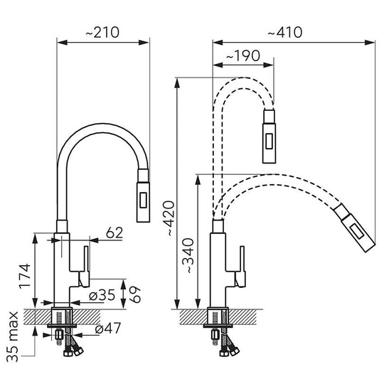 Baterie de bucatarie, Ferro, Zumba Slim 2F, cu pipa flexibila, menta