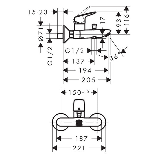 Baterie cada - dus, Hansgrohe, Logis, negru mat