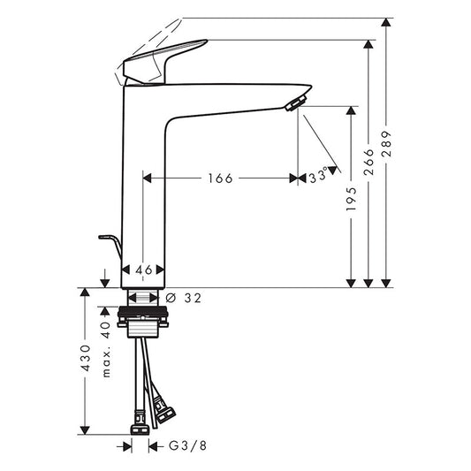 Baterie inalta de lavoar, Hansgrohe, Logis 190, cu ventil, negru mat