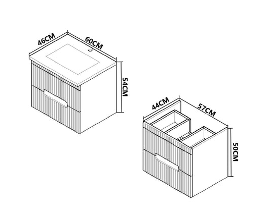 Mobilier Baie MDF Kit și lavoar, Seria 709, Suspendat, Sertare, 60cm, Alb