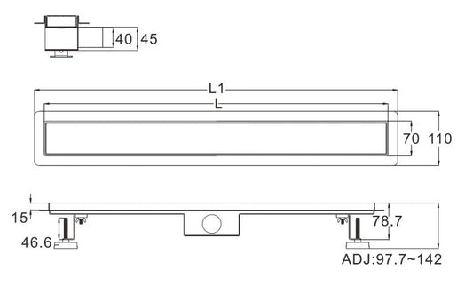 Rigolă de scurgere 2în1, din oțel inoxidabil, cu grilă reversibilă, 80cm – negru