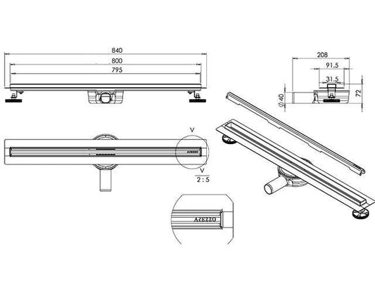 Rigolă de scurgere îngustă din oțel inoxidabil cu grilă 80cm – crom
