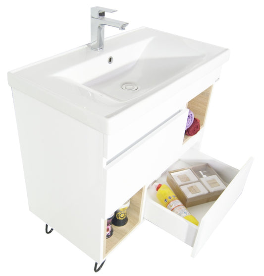 Mobilier Baie MDF și lavoar, Seria 760, Picioare metalice, 80cm, Alb/Sonoma