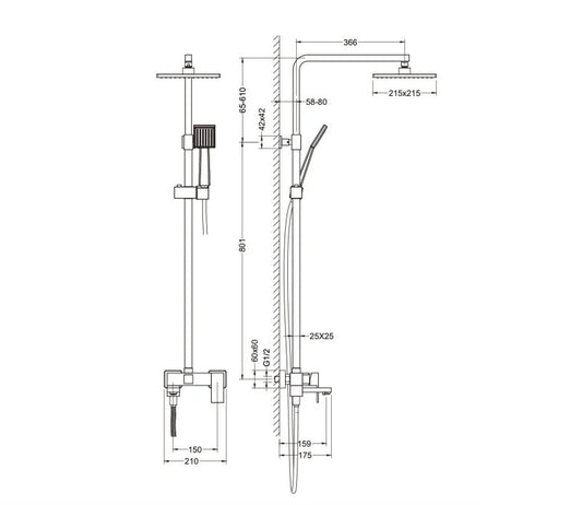 Coloana dus completa CUBEFIELD, cu pipa pliabila, 3 functii, montaj pe perete – negru
