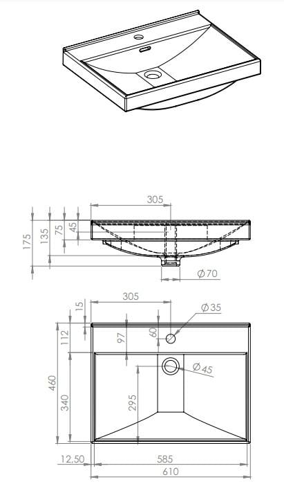 Lavoar dreptunghiular MAXXI, din porțelan, încorporabil 60X46cm – alb