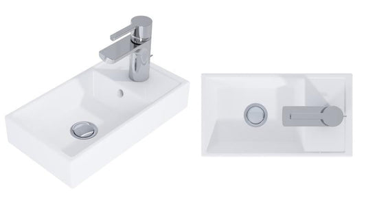 Lavoar dreptunghiular MINI, din porțelan, cu mobilier albastru mat, 40×22,5cm – alb