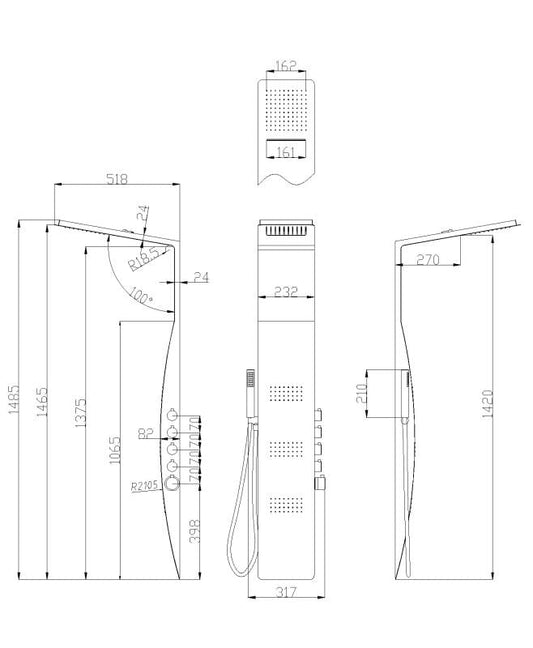 Panou de duș ASPEN, aluminiu 146,5×23,2×51,8cm – alb mat cu marginea neagra