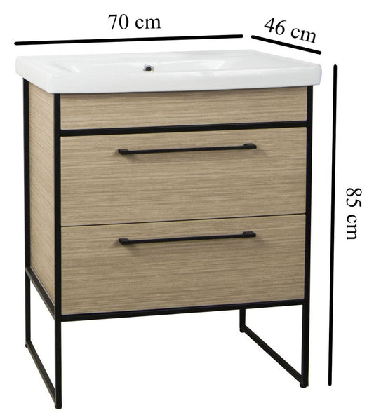 Mobilier Baie MDF și lavoar, Seria 740, Cadru metalic, 70cm, Fag