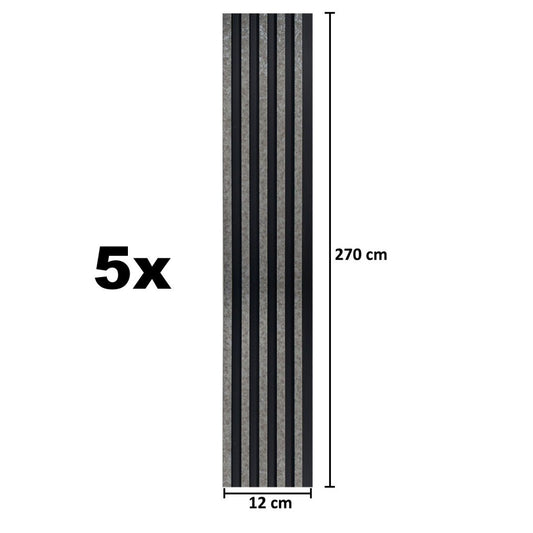 Set 5 panouri decorative, riflaj, polimer rigid, Naimeed D5494, 270x12x1cm, Negru/Gri