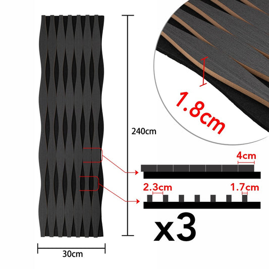 Set 3 Panouri riflaj acustic decorativ, MDF si pasla, Naimeed D6251, 240x30x1.8cm, Stejar Negru