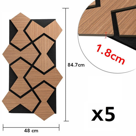 Set 5 Panouri riflaje acustice decorative, HDF si pasla, Naimeed D6753, 84.7x48x1.8cm, Stejar Inchis