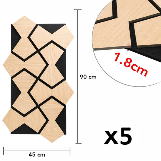 Set 5 Panouri riflaje acustice decorative, HDF si pasla, Naimeed D6754, 90x45x1.8cm, Stejar deschis