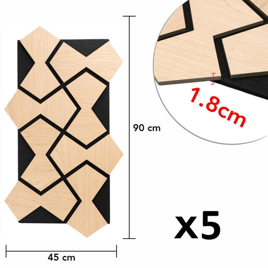 Set 5 Panouri riflaje acustice decorative, HDF si pasla, Naimeed D6755, 90x45x1.8cm, Stejar