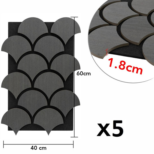 Set 5 Panouri riflaje acustice decorative, HDF si pasla, Naimeed D6762, 60x40x1.8cm, Gri