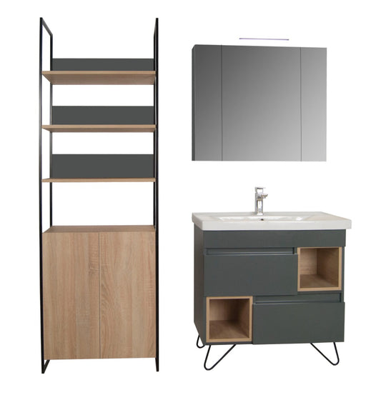 Mobilier Baie MDF și lavoar, Seria 760, Picioare metalice, 80cm, Antracit/Sonoma