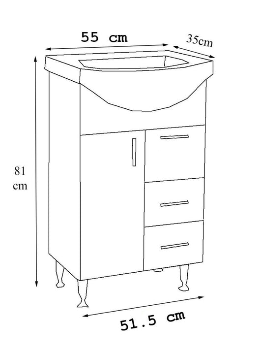 Mobilier baie Kit eco și lavoar, Seria 005, Sertare, 55cm, Alb