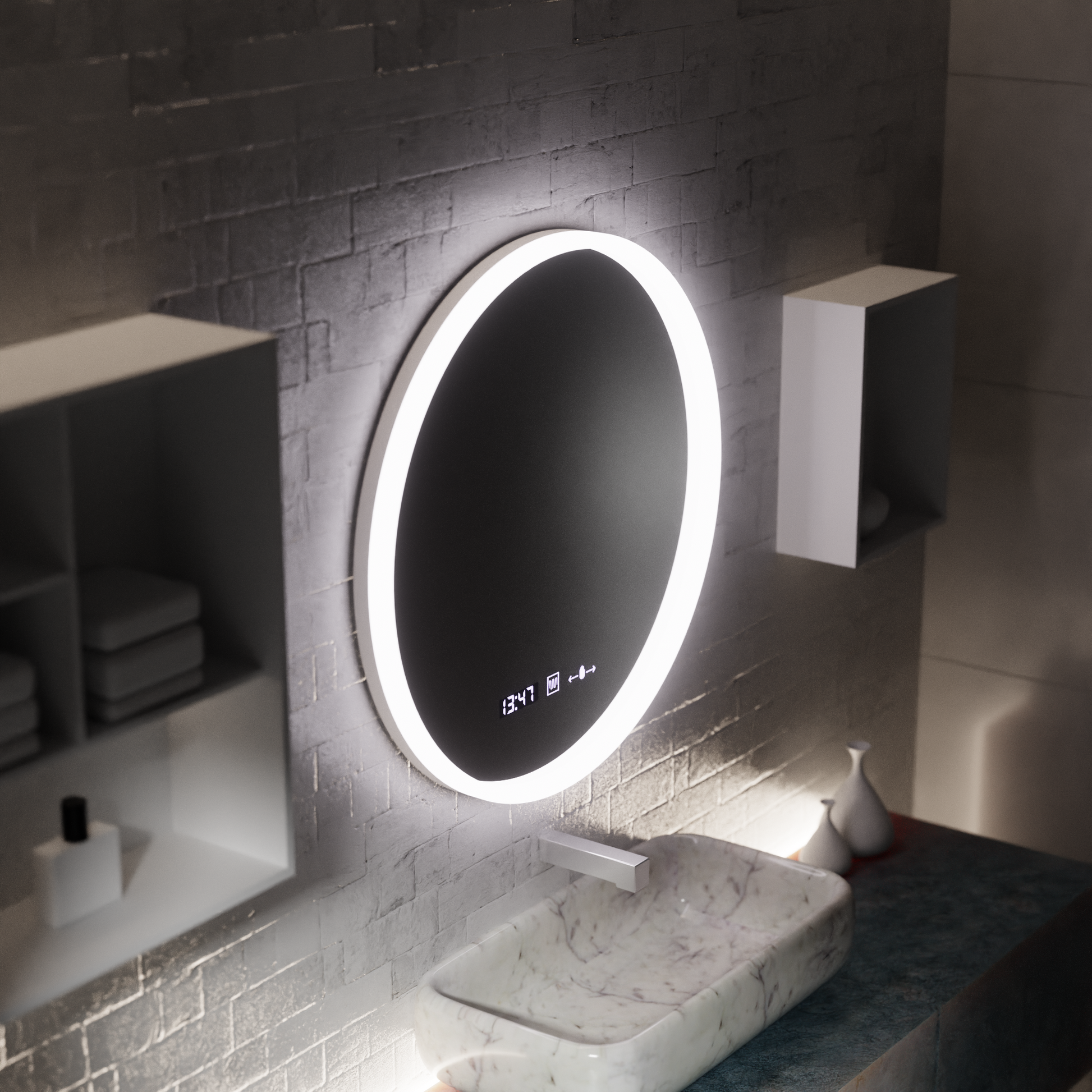 Oglinda LED Rotunda 50cm Giulia Senzor MotionGlow Marcello Sistem Dezaburire Ceas & Termometru Dimabila