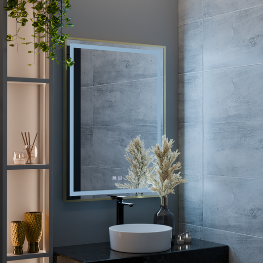 Oglinda LED Touch Kalahiri, 60x80 cm, functie Dezaburire, Rama Auriu Brushed, E10S/60X80