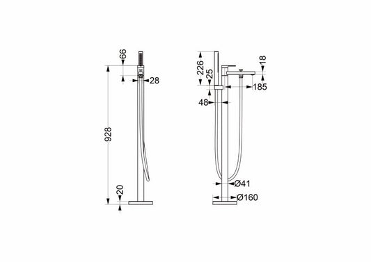 Baterie înaltă cadă ELEGANT, cu montaj în pardoseală – gun metal