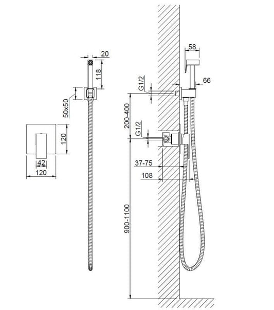 Duș igienic CUBEFIELD, încastrat în perete – Crom