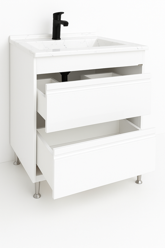 Mobilier Baie MDF și lavoar granit, Seria 486, Sertare, 80cm, Alb