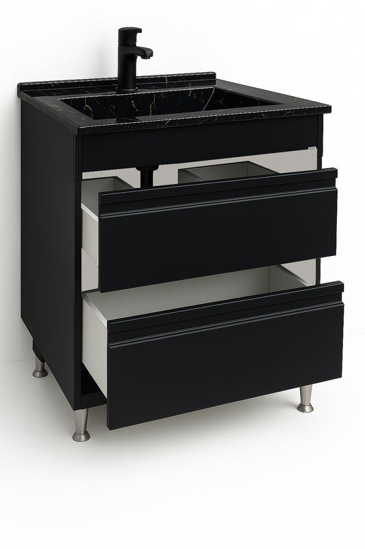 Mobilier Baie MDF și lavoar granit, Seria 486, Sertare, 60cm, Negru