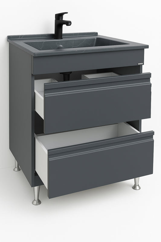 Mobilier Baie MDF și lavoar granit, Seria 486, Sertare, 80cm, Antracit