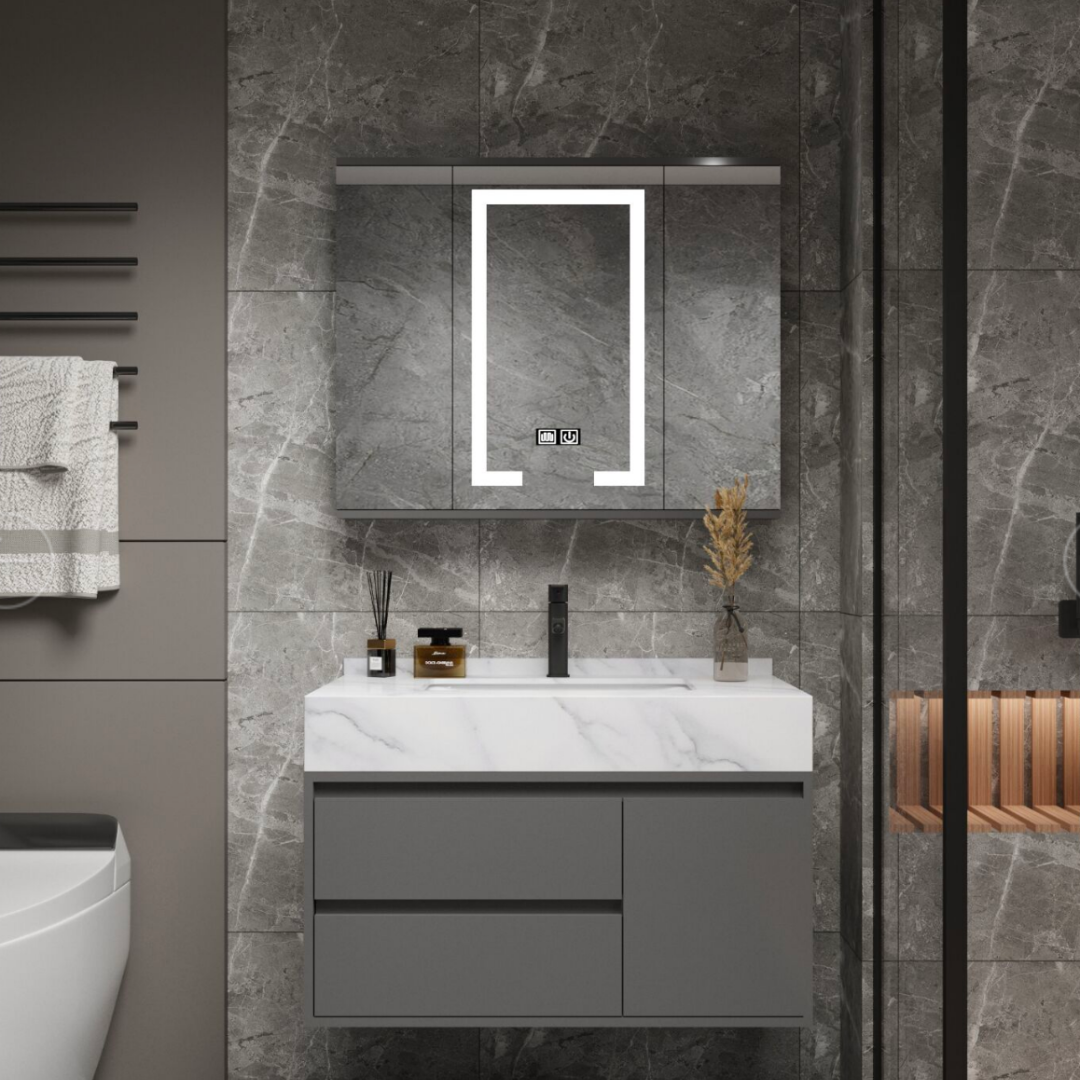 Set Mobilier pentru Baie SANTORINI, 80x50cm, 2 Piese, Gri si Alb