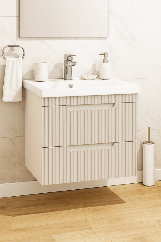 Mobilier baie MDF și lavoar, Seria 733, Suspendat, Sertare, 60cm, Crem