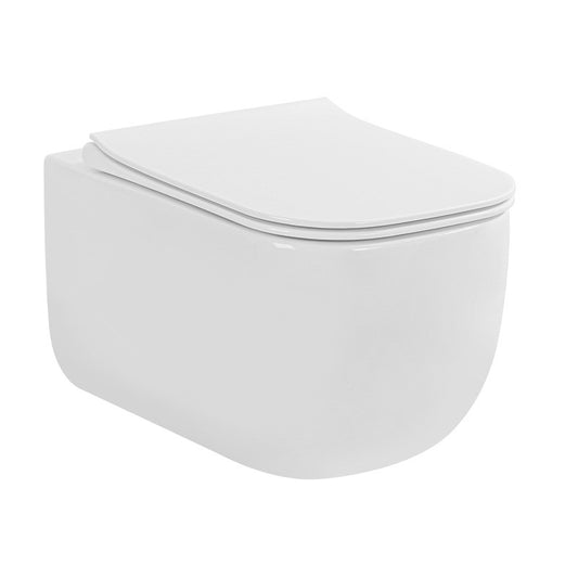 Vas wc suspendat Fluminia, Orion, rimless, cu fixare ascunsă, capac soft close, quick release alb,