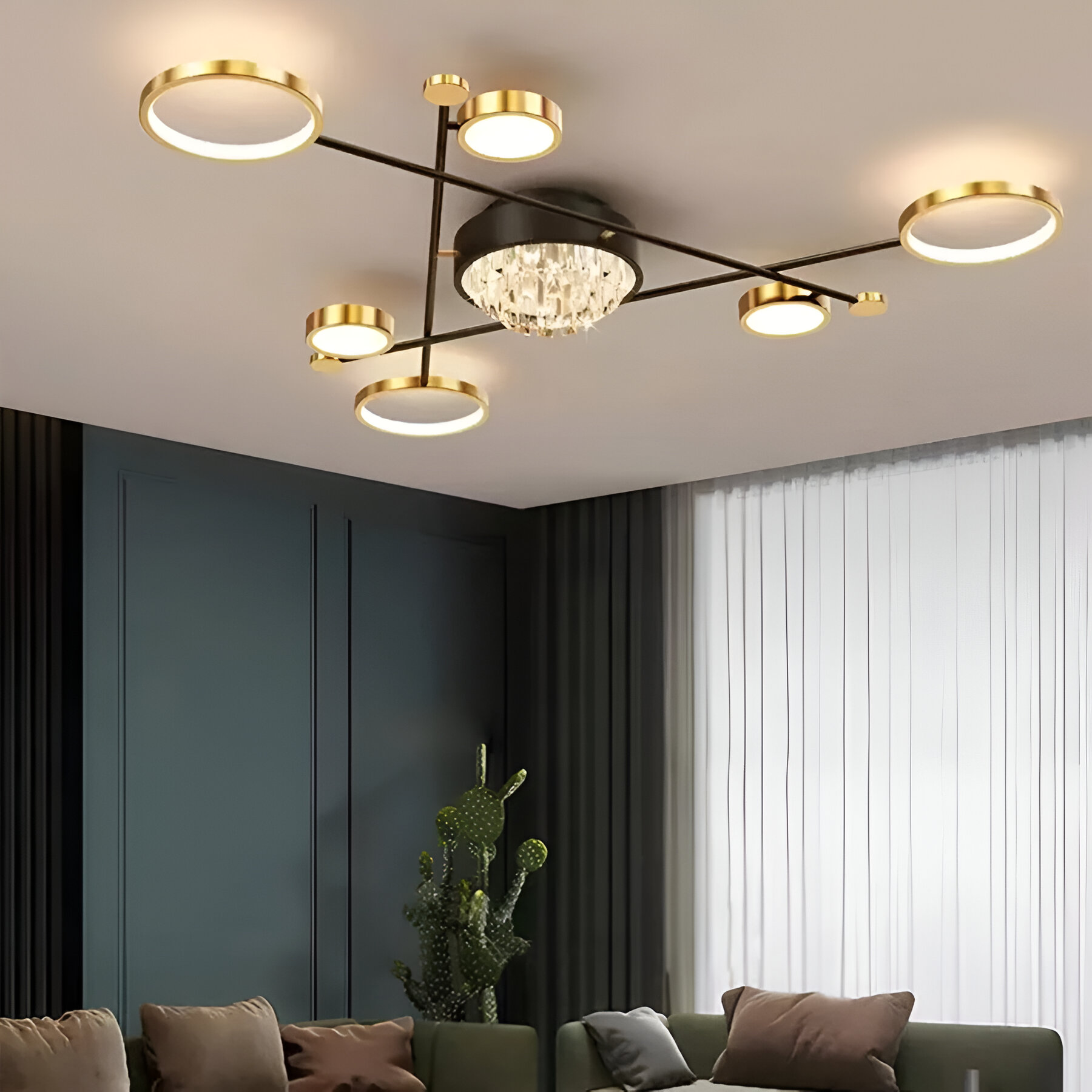 Lustra LED cu telecomanda si cristal MISEL 138W, 7 Elemente, lumina Rece/Calda/Neutra, Dimabila, Negru Auriu