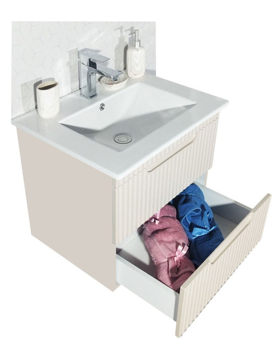 Mobilier baie MDF și lavoar, Seria 033, Suspendat, Sertare, 60cm, Crem