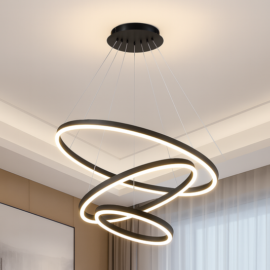 Lustra LED suspendata cu telecomanda CASIANA 84W, 3 Cercuri, lumina Rece/Calda/Neutra, Dimabila, Negru, Inaltime Reglabila