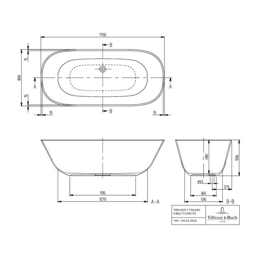 Cadă freestanding, Villeroy & Boch, Theano, 175 cm, alb