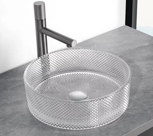Lavoar rotund BRILLA din sticlă, montaj pe blat, 36x36x11cm – Transparent