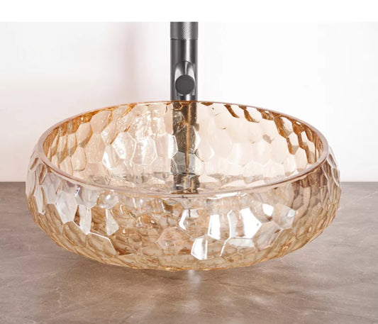 Lavoar rotund PRISMA ORA, din sticlă, montaj pe blat, 36x36x11cm – chihlimbar