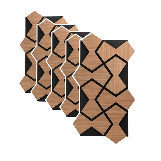 Set 5 Panouri riflaje acustice decorative, HDF si pasla, Naimeed D6753, 84.7x48x1.8cm, Stejar Inchis