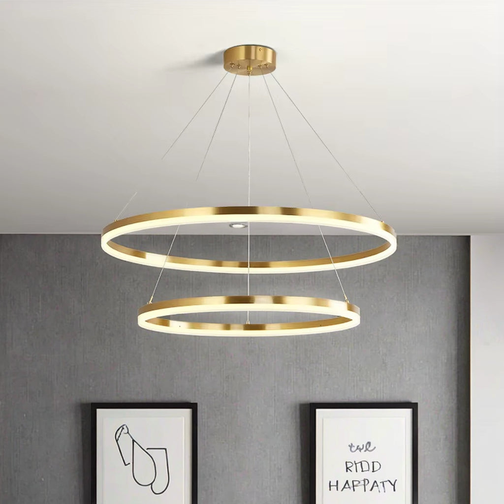Lustra LED suspendata cu telecomanda CHRISTINE, 69W, 2 Cercuri, lumina Rece/Calda/Neutra, Dimabila, Auriu Lucios, Inaltime Reglabila