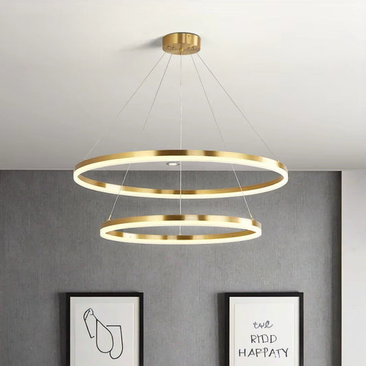 Lustra LED suspendata cu telecomanda CHRISTINE, 69W, 2 Cercuri, lumina Rece/Calda/Neutra, Dimabila, Auriu Lucios, Inaltime Reglabila