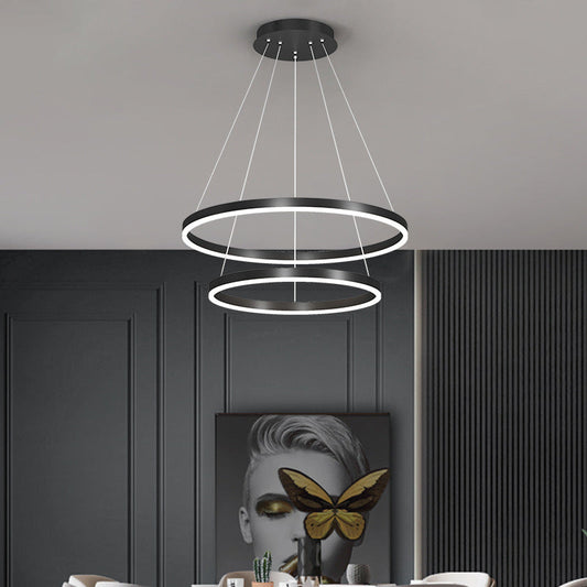 Lustra LED suspendata cu telecomanda CASIANA 69W, 2 Cercuri, lumina Rece/Calda/Neutra, Dimabila, Negru, Inaltime Reglabila