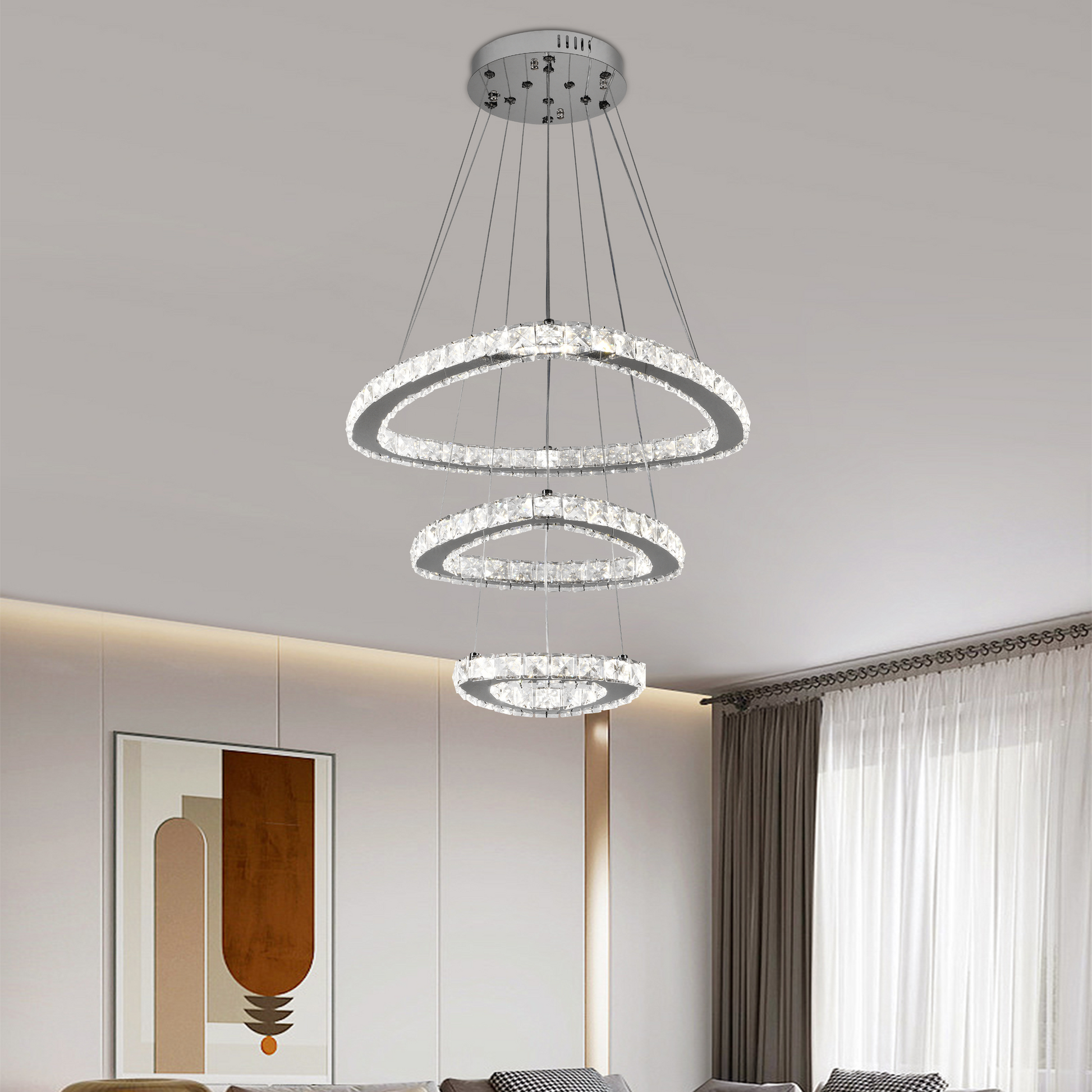 Lustra LED suspendata cu telecomanda si cristal LLC131/3CH 61W, 3 Cercuri, lumina Rece/Calda/Neutra, Dimabila, Crom Lucios, Inaltime Reglabila