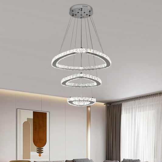 Lustra LED suspendata cu telecomanda si cristal LLC131/3CH 61W, 3 Cercuri, lumina Rece/Calda/Neutra, Dimabila, Crom Lucios, Inaltime Reglabila