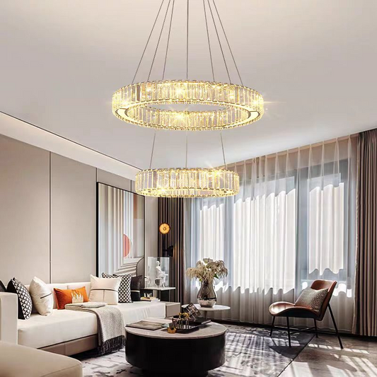 Lustra LED LLC130/2CH, Cristal si Metal, 59W, 2 Cercuri, Dimabila, Inaltime Reglabila, Lumina Rece/Calda/Neutra, Iluminat Luxos